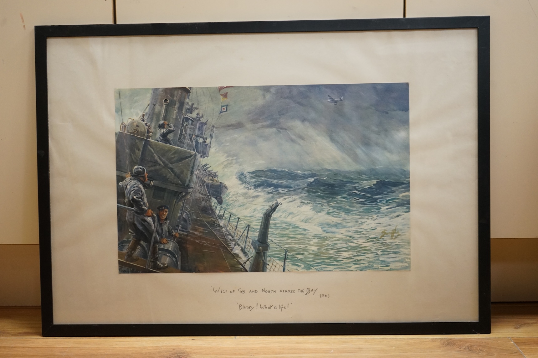 Snaffles’, Charles Johnson Payne (1884-1967), original print, ‘West of Gib and North Across the Bay, Blimey! What a Life!’, WWII Destroyer in heavy sea, crewman looking at flying boat overhead, 49 x 73cm